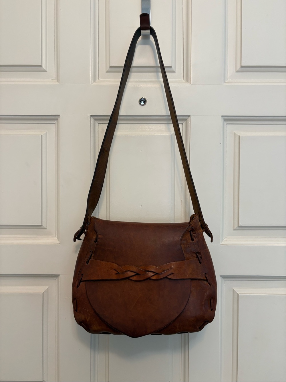 Braided Detail Brown Leather Shoulder Bag